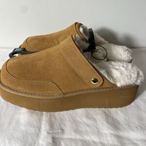 JOYSPUN Womens Sz 10 Clogs Platform Wedges Faux Suede Faux Fur Slippers Brown